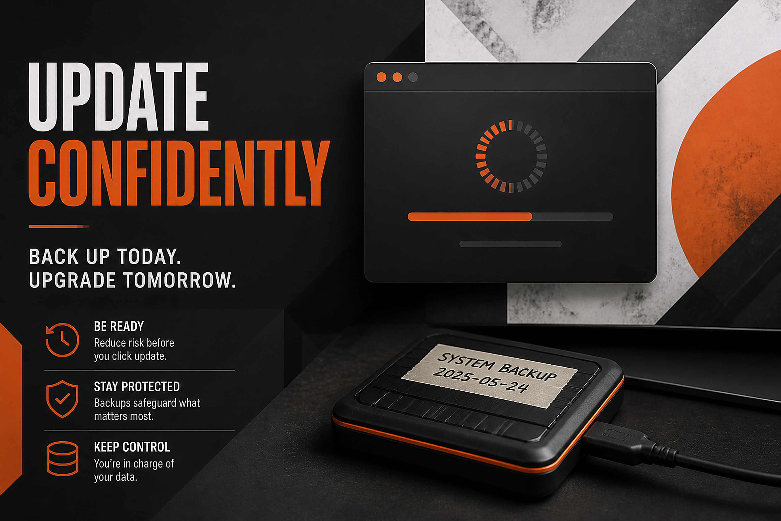 Illustration of a desktop update window and backup drive in dark charcoal, white, and orange.