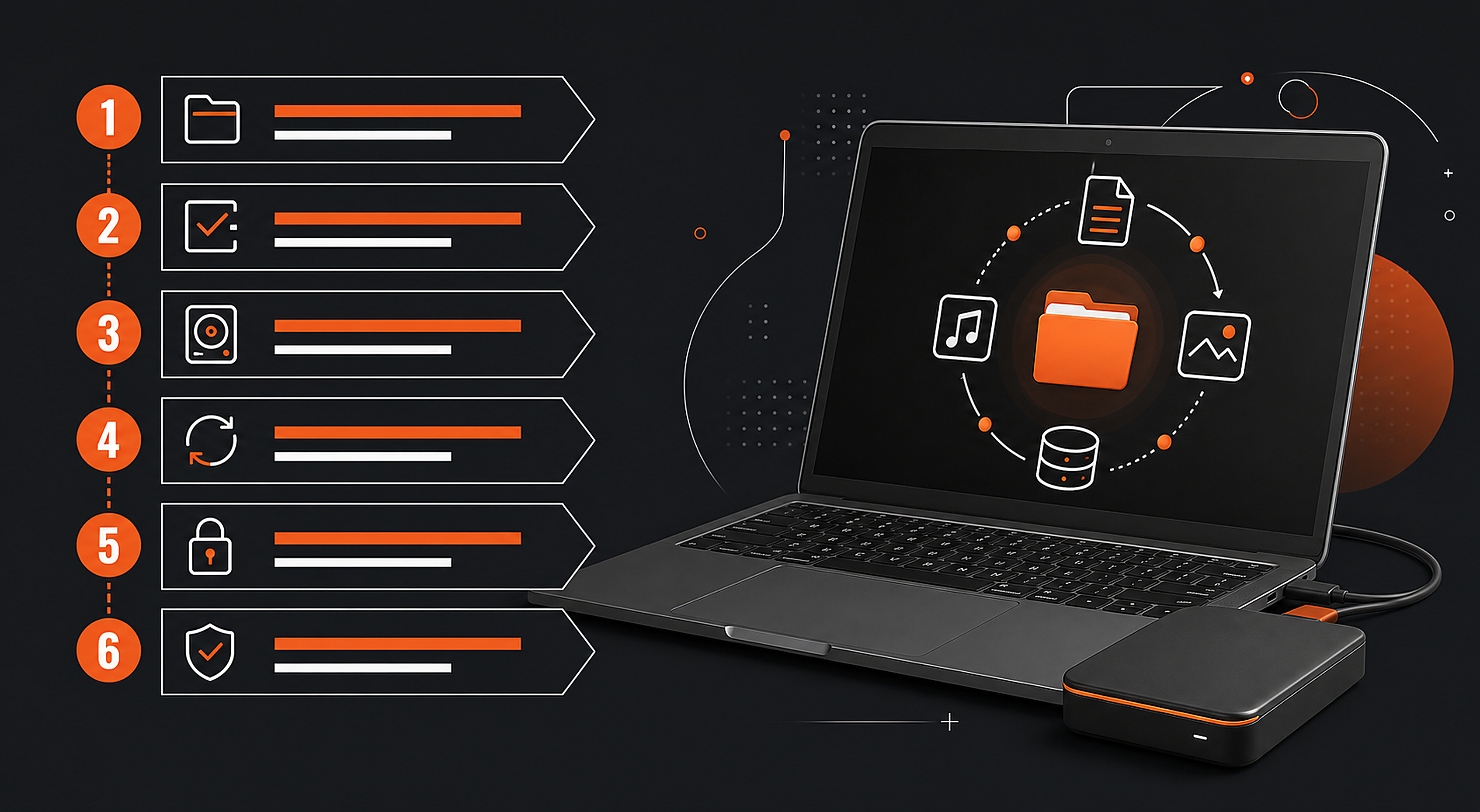 Illustrated backup checklist beside a laptop and external drive.