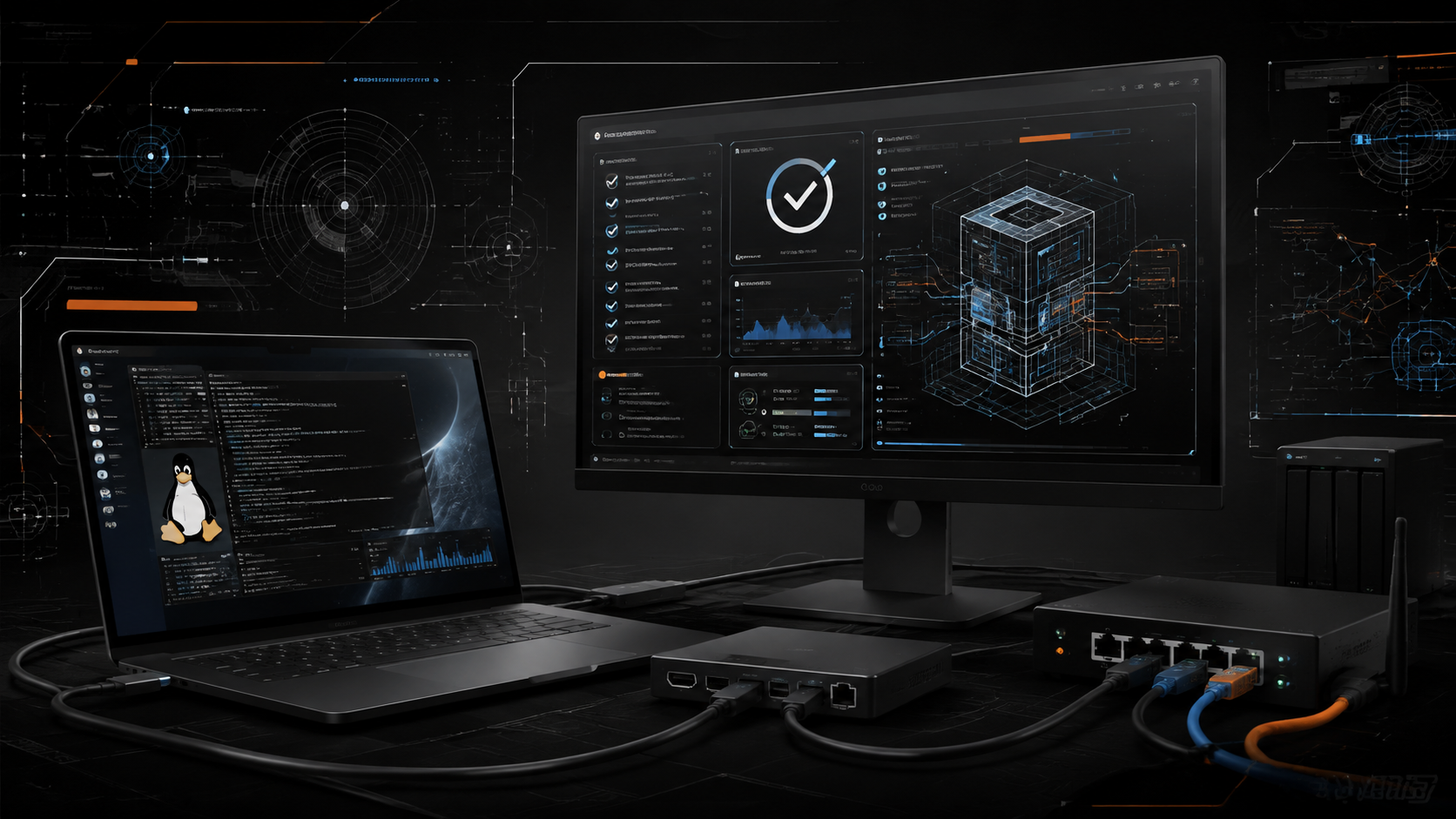 Illustrated laptop dock, monitor, and network devices during a Linux hardware readiness test.