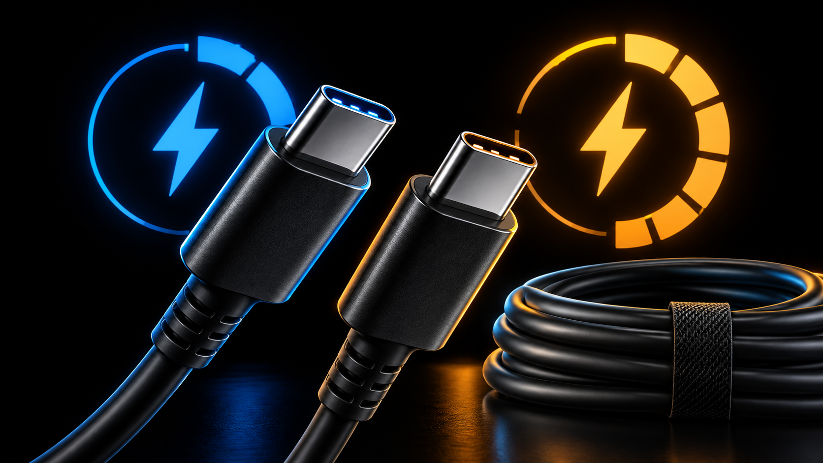 Conceptual illustration of two USB-C cable connectors and a coiled cable.
