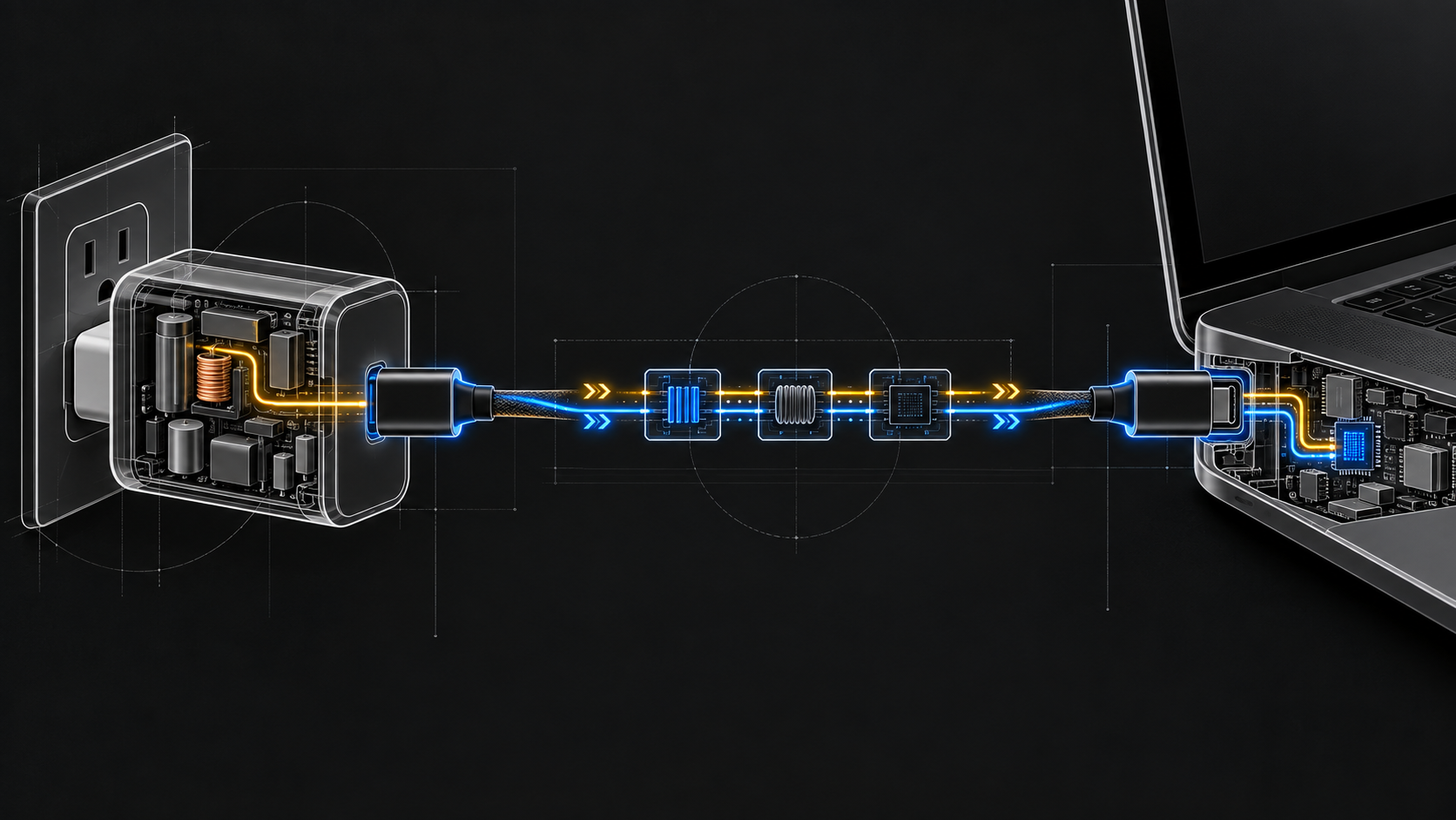 Conceptual illustration of power moving from a USB-C charger through a cable into a laptop.