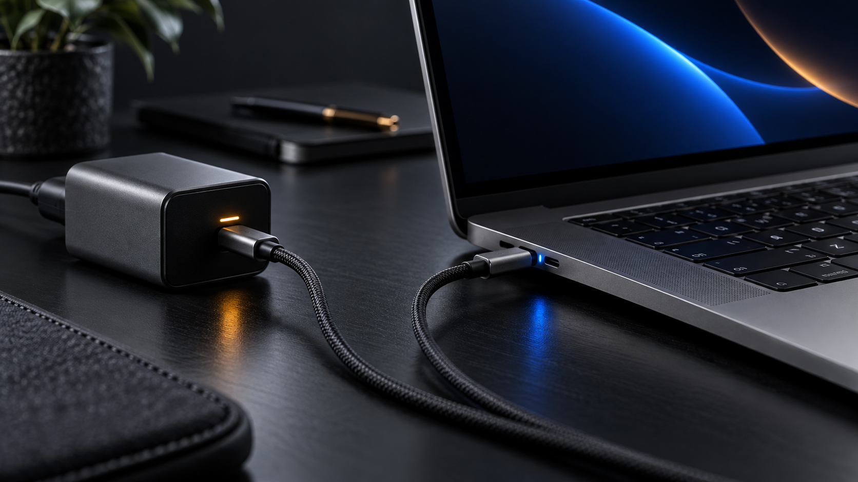 A laptop connected to a compact USB-C charger on a dark desk.