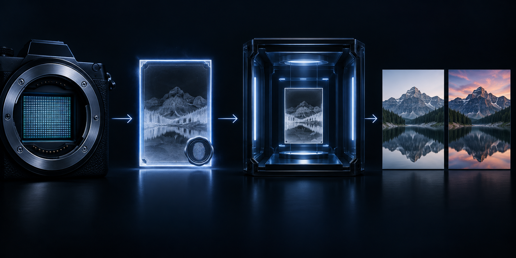 Conceptual visual sequence from camera sensor through signed negative and processing to image comparison.