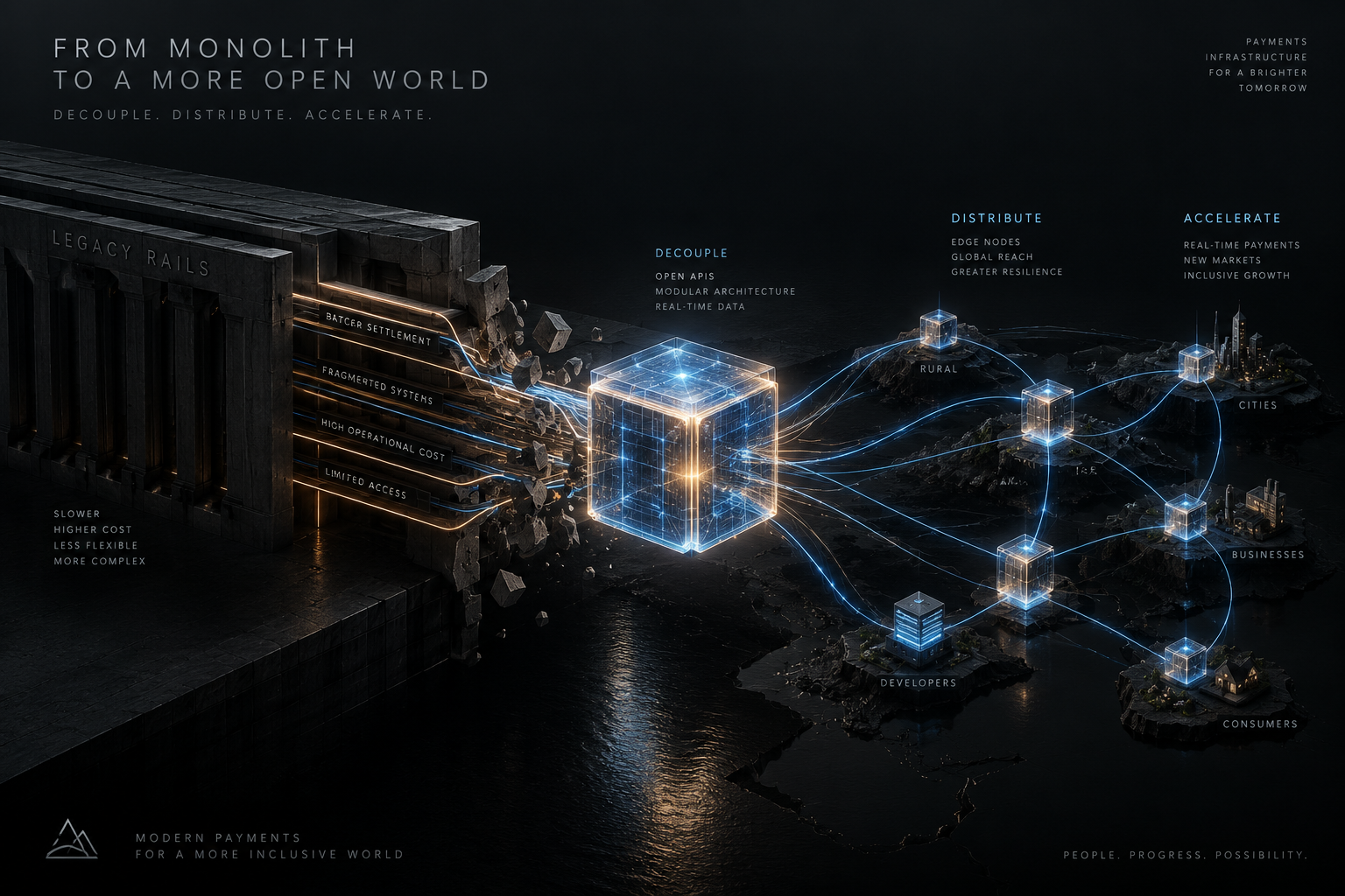Minimalist dark editorial illustration showing a glowing network cube decoupling from monolithic rails into a high-speed distributed edge mesh