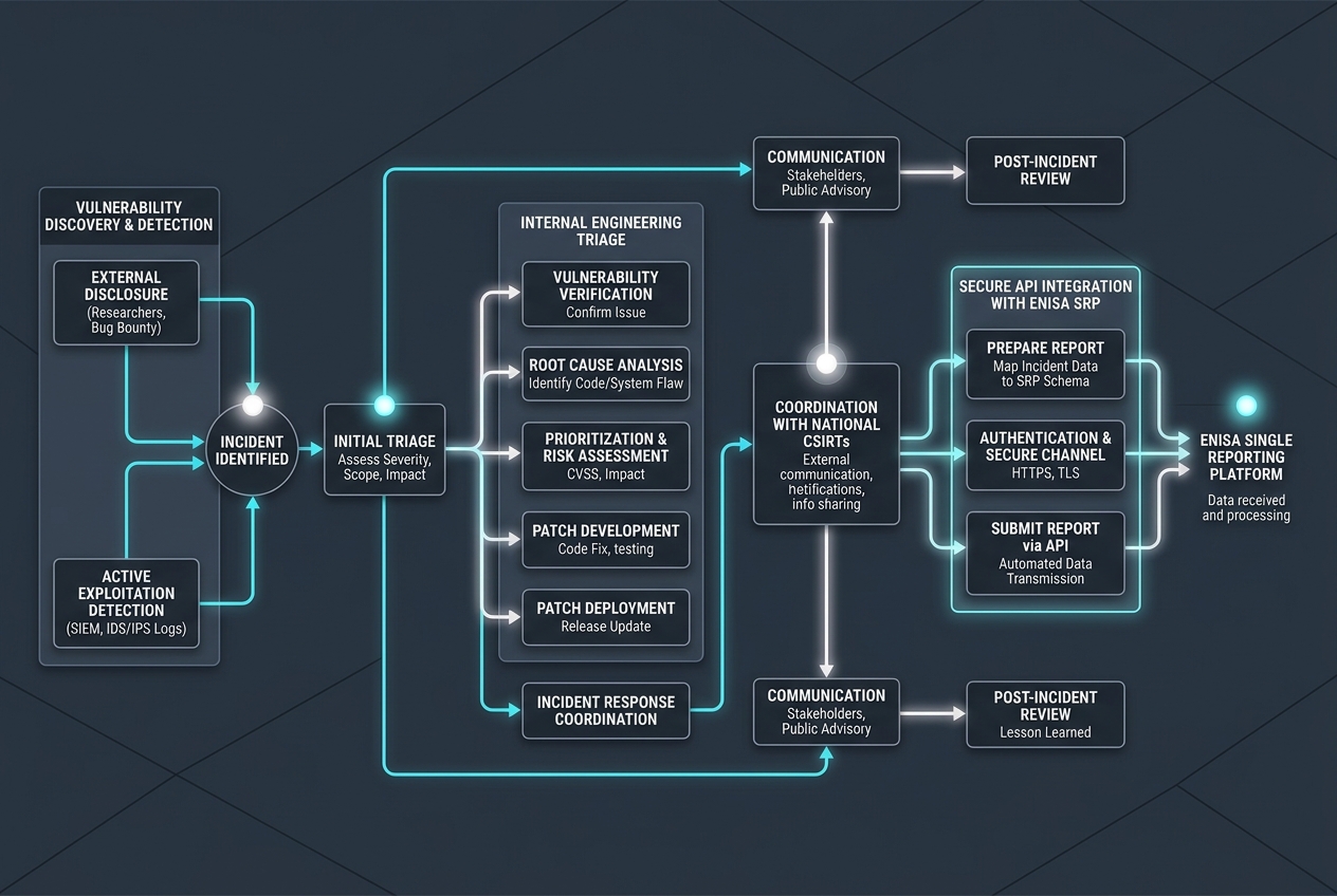 Technical editorial workflow diagram showing digital product vulnerability triage and incident response pipeline.