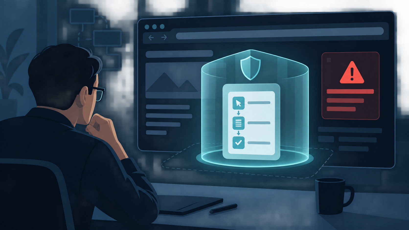 Original editorial illustration of a security review around a bounded web tool
