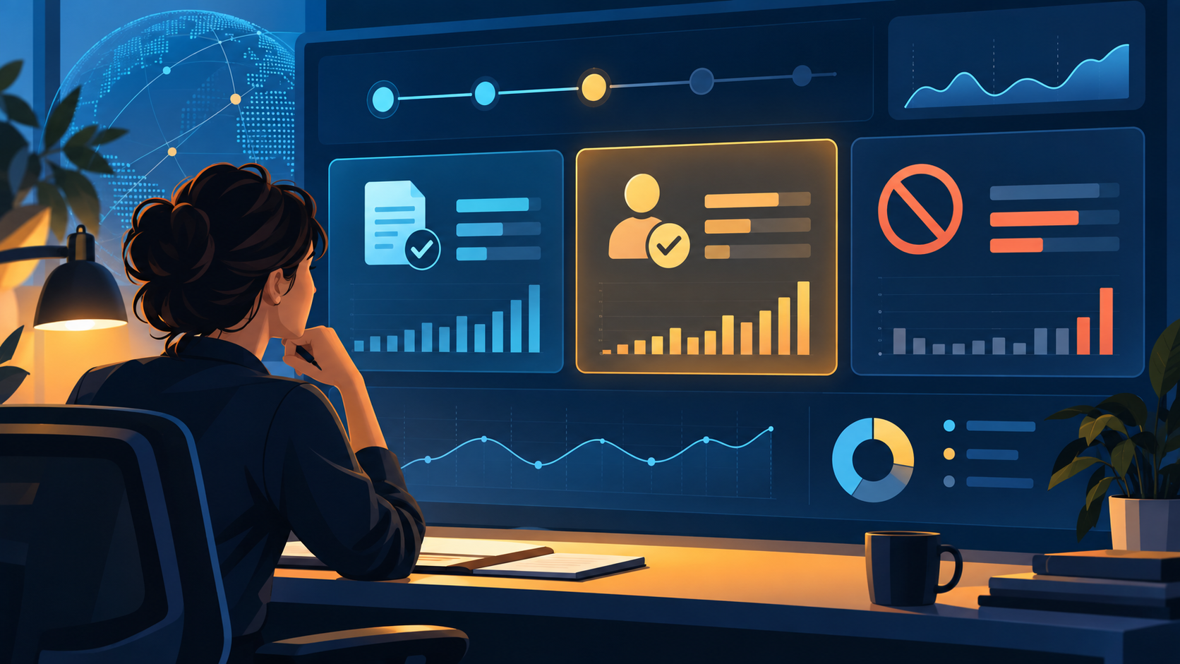 Original editorial illustration of a measured WebMCP trial dashboard with validation, cancellation, and confirmation signals