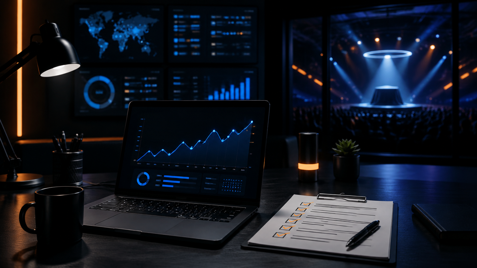Illustration of a laptop with website analytics and a checklist