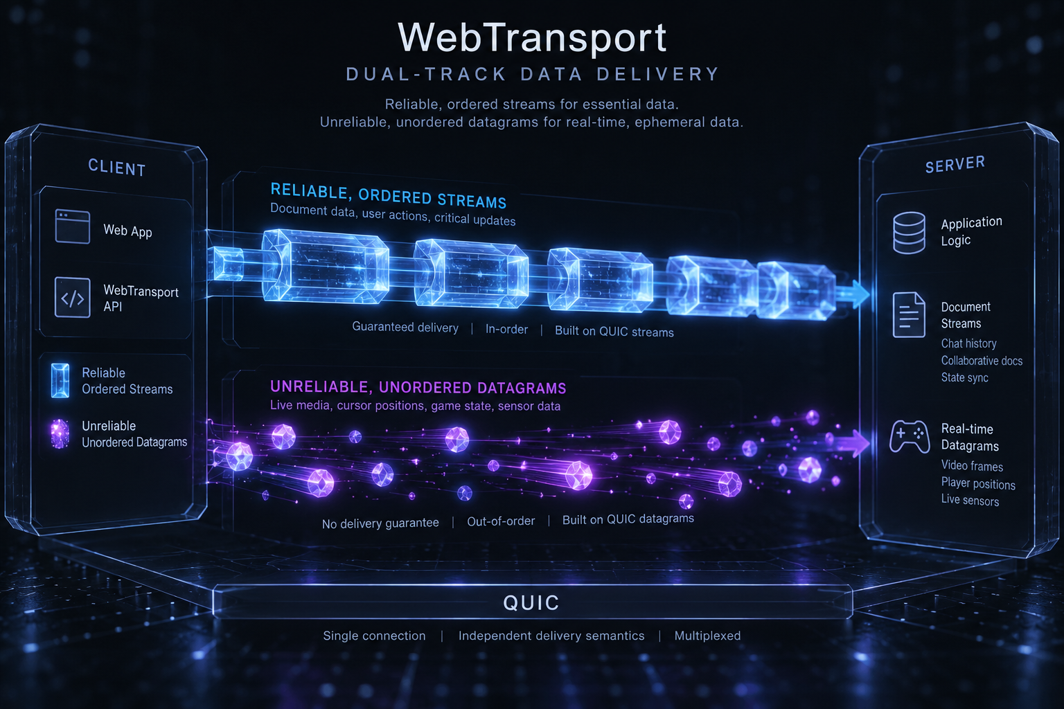 Visual concept diagram contrasting reliable ordered byte streams for document state against lightweight ephemeral datagrams for mouse cursors and telemetry.