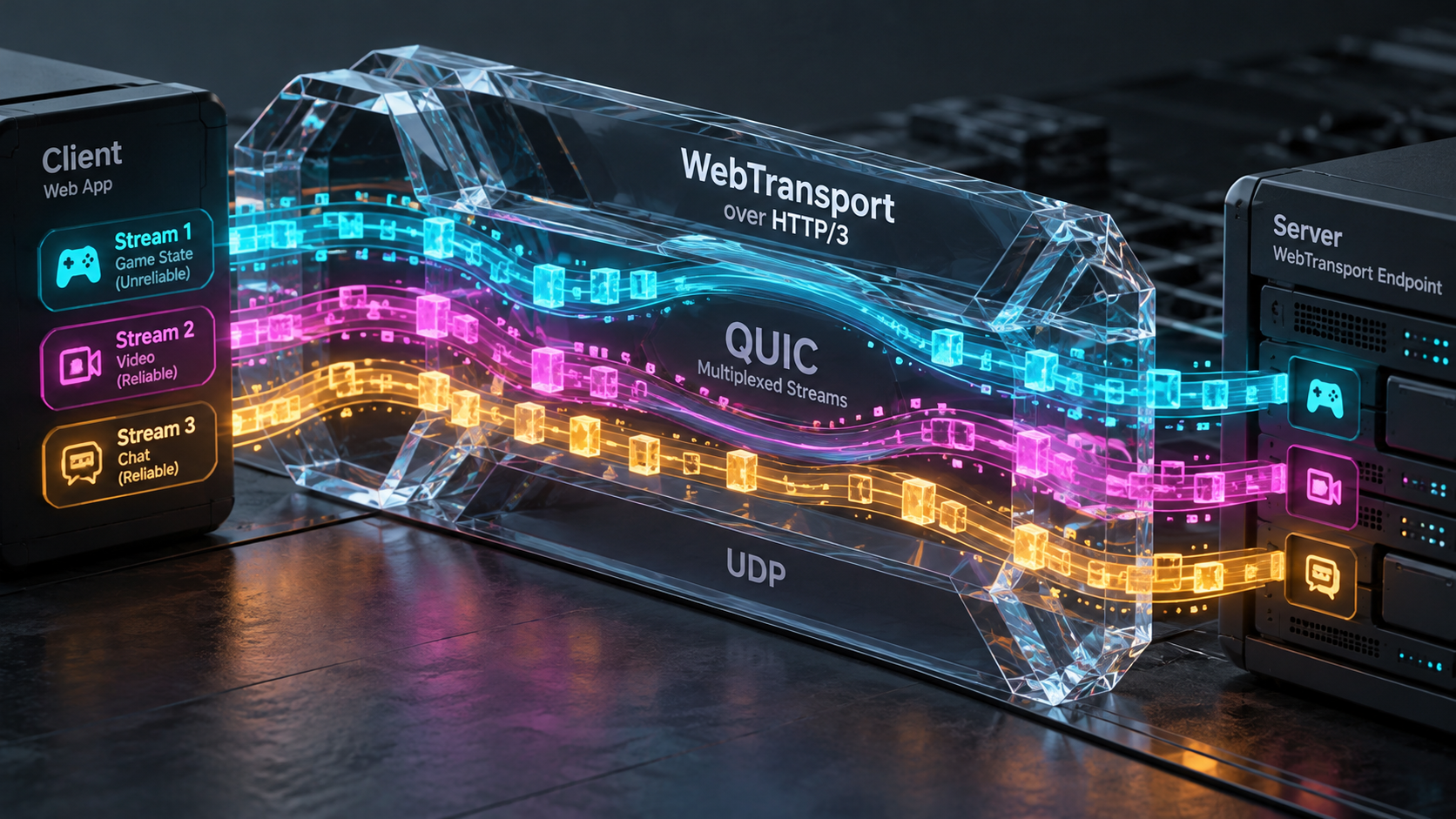 Editorial 3D concept visualization of multiplexed QUIC streams in WebTransport, glowing neon data streams flowing independently through a crystalline digital conduit on dark slate.