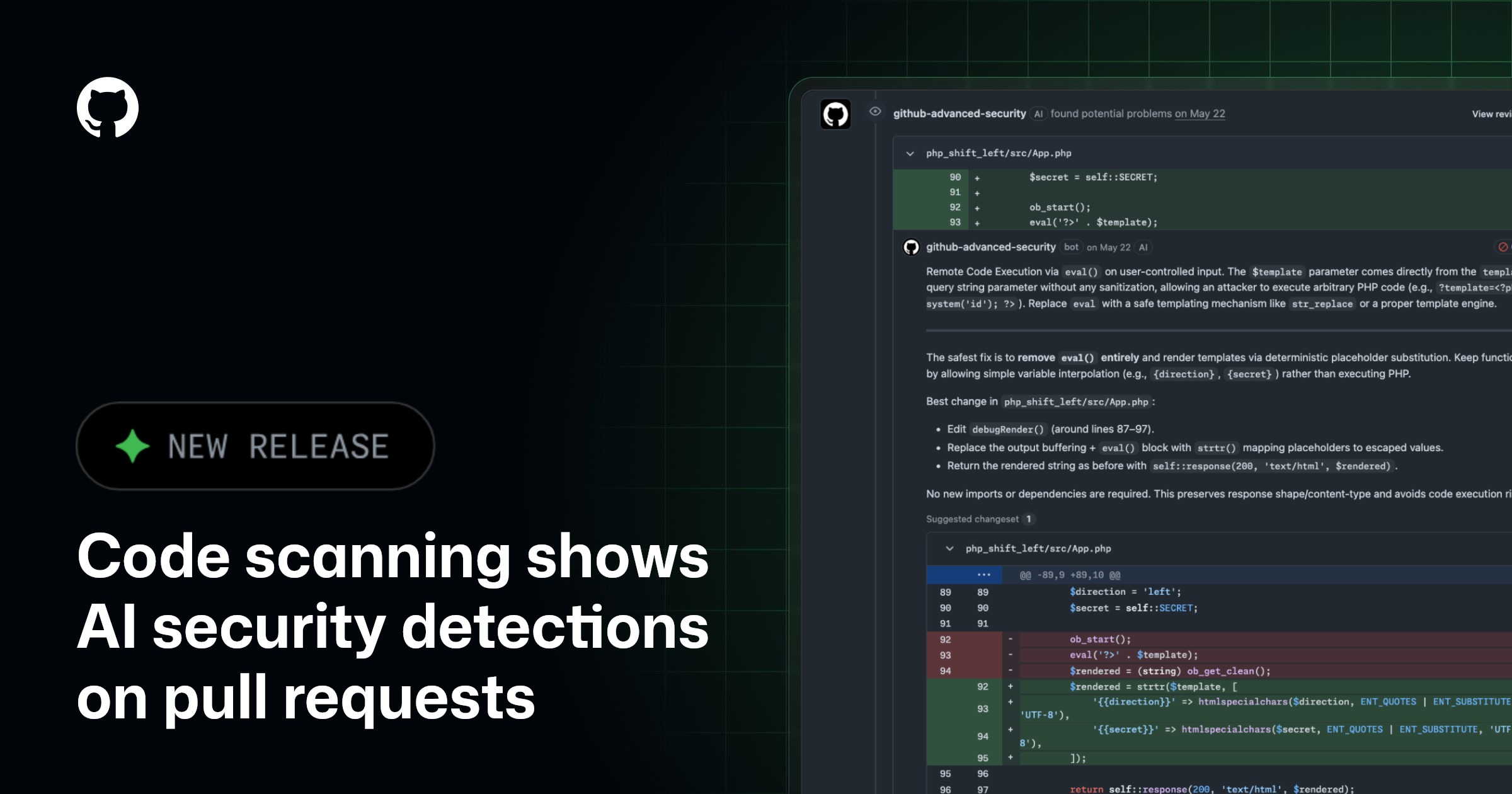 GitHub interface showing AI security detections in pull requests