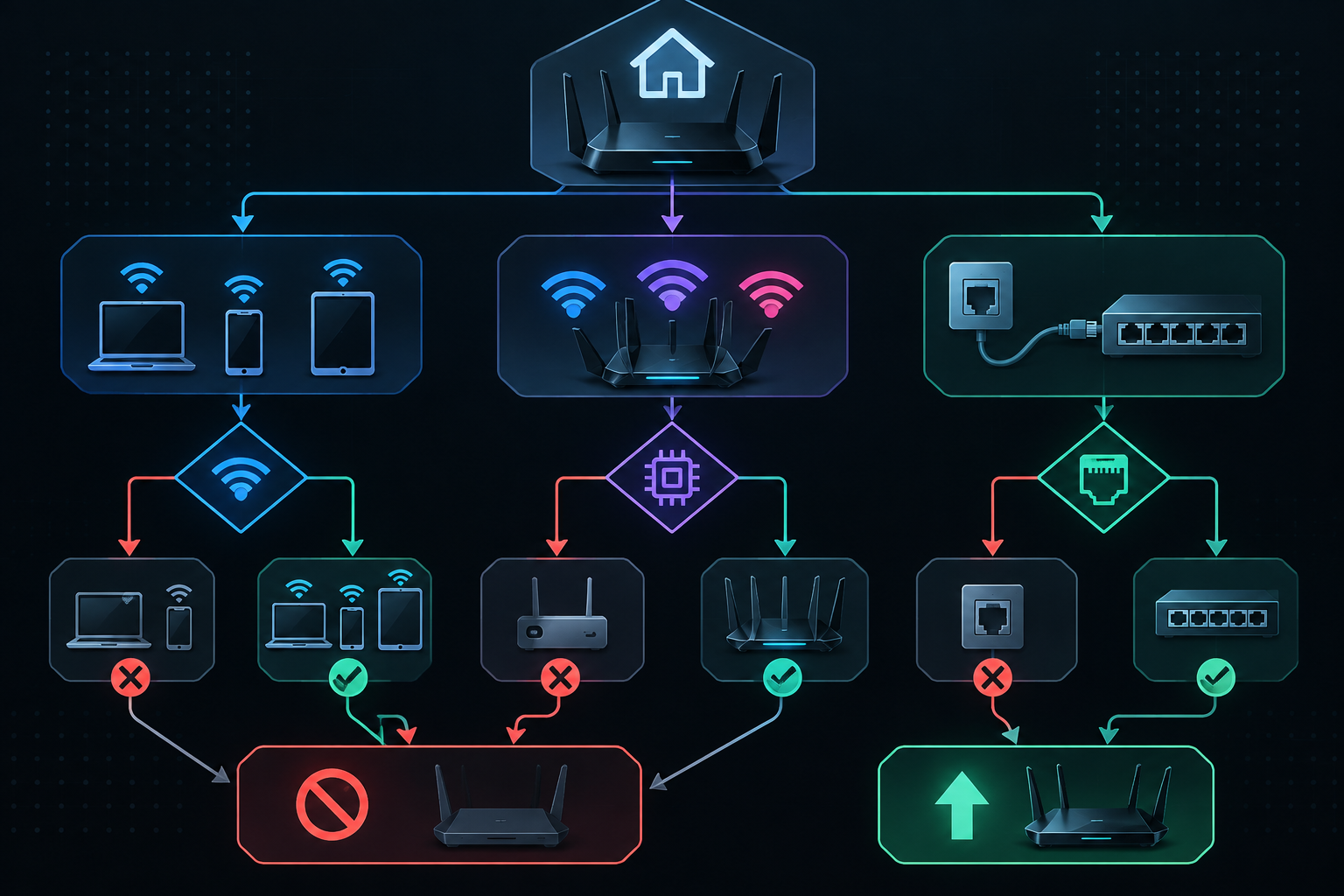 Decision flow chart comparing client device support, tri-band requirements, and wired backhaul before upgrading
