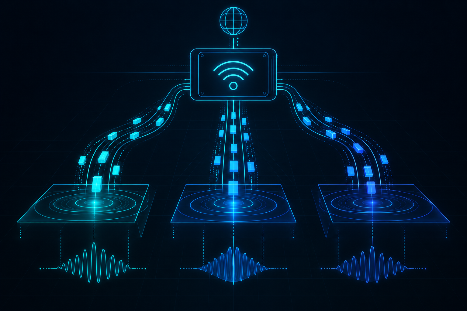 Diagram showing Multi-Link Operation coordinating packet dispatch across 2.4, 5, and 6 GHz spectrum bands
