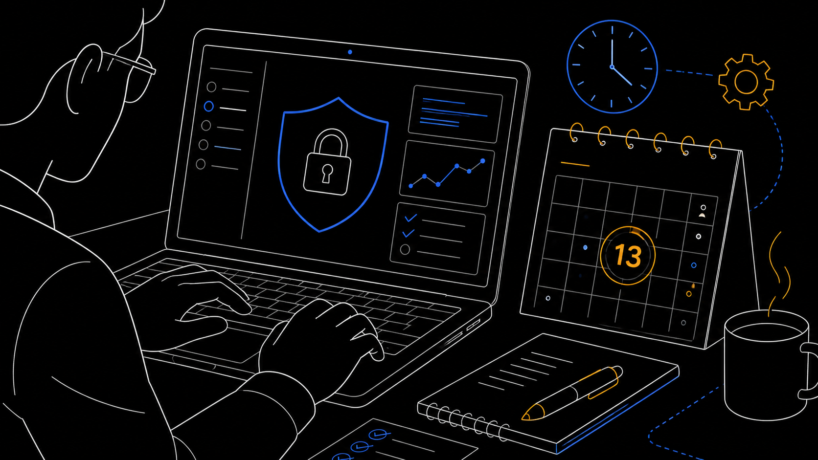 Editorial illustration of a calendar marking 13 October 2026 beside a secured work laptop.
