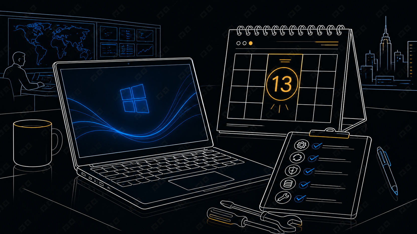 Dark editorial illustration of a Windows laptop beside an October 13 calendar and a practical upgrade checklist.