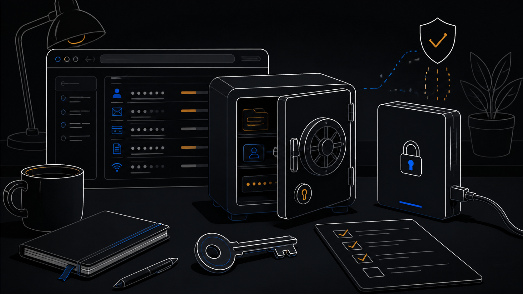 Editorial illustration of a browser, password vault, backup drive, and checklist on a dark desk.