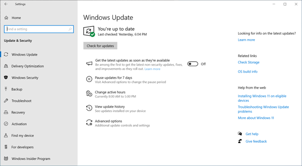Microsoft Windows Update settings interface showing the Check for updates control.