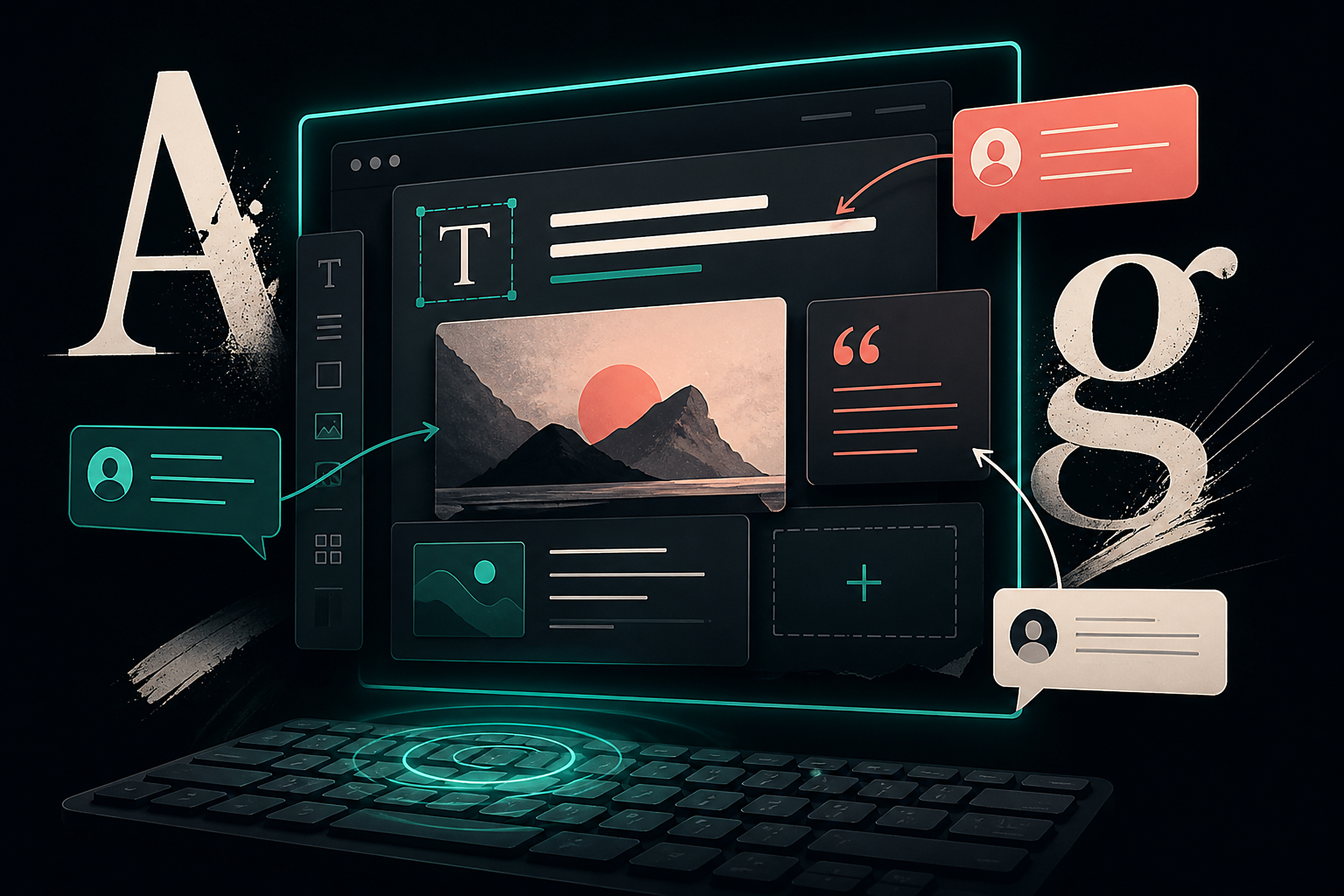 Ilustrasi editor konten situs dengan komentar review dan fokus keyboard